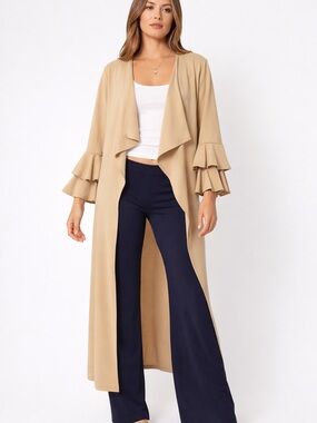Women's Beige Long Ruffle Sleeve Duster Coat